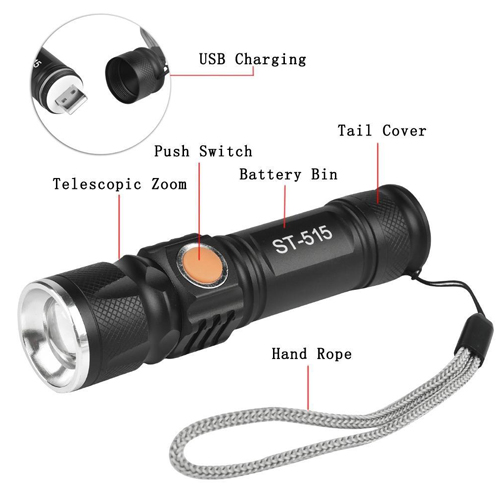 LED Flashlight USB Charger - Black